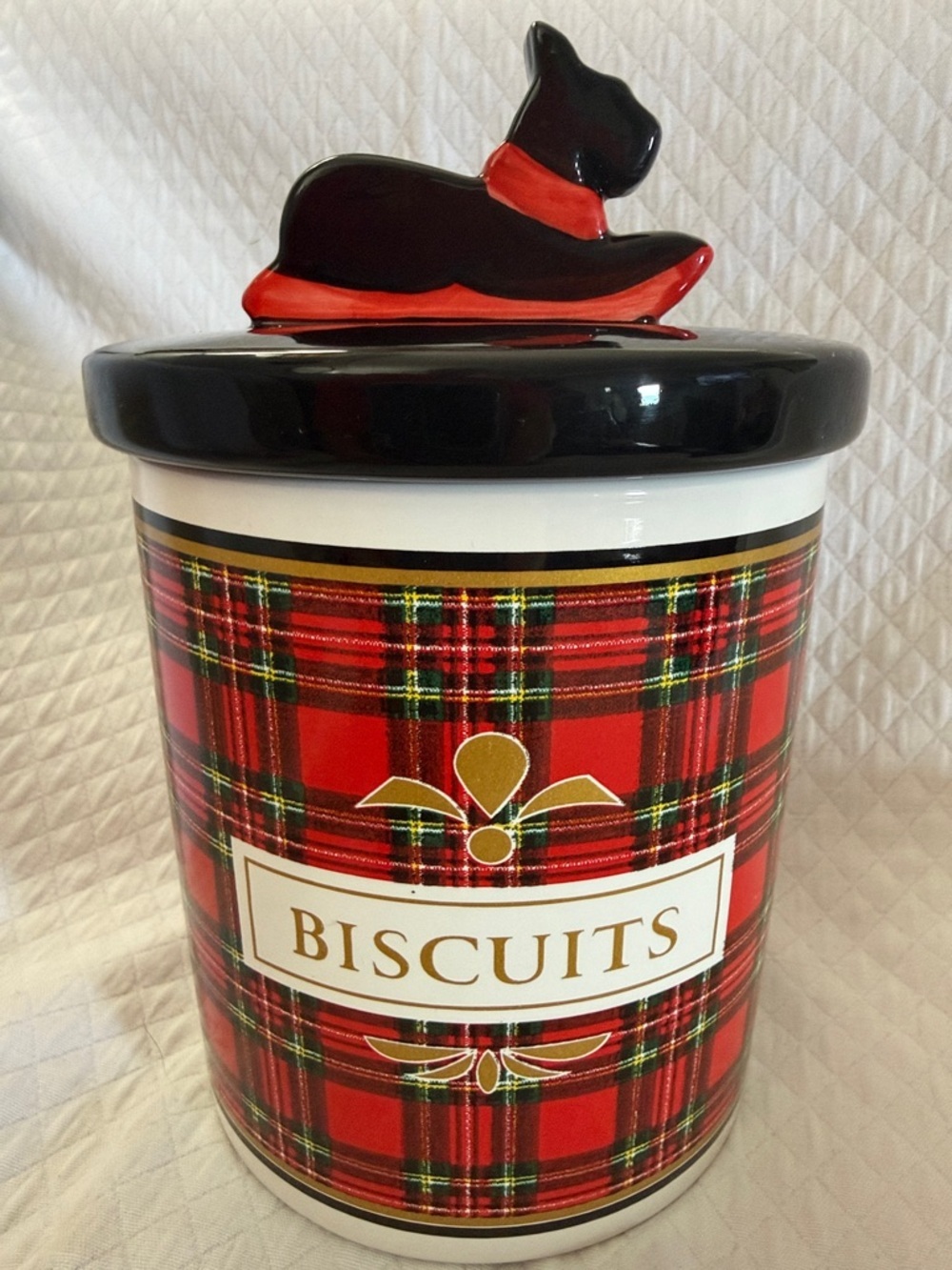 Morris Design Scottie Dog Ceramic Biscuit Jar - Red Tartan Plaid - air tight